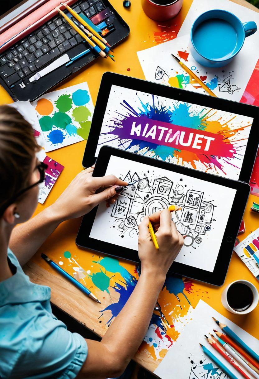A creative workspace filled with colorful design tools, showcasing vibrant logo sketches in progress. An artist is passionately drawing a logo on a tablet, surrounded by bright paint splashes and inspirational quotes about happiness and branding. The scene exudes a joyful and energetic atmosphere, inviting viewers to explore the art of logo creation. super-realistic. vibrant colors. modern design.