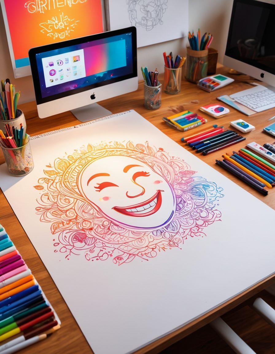 A creative workspace showcasing vibrant logos in various stages of design, with colorful sketches, markers, and digital screens illuminated by warm light. Include elements that represent joy, such as smiling faces and abstract designs. The atmosphere conveys a sense of innovation and fun. super-realistic. vibrant colors. creative workspace.