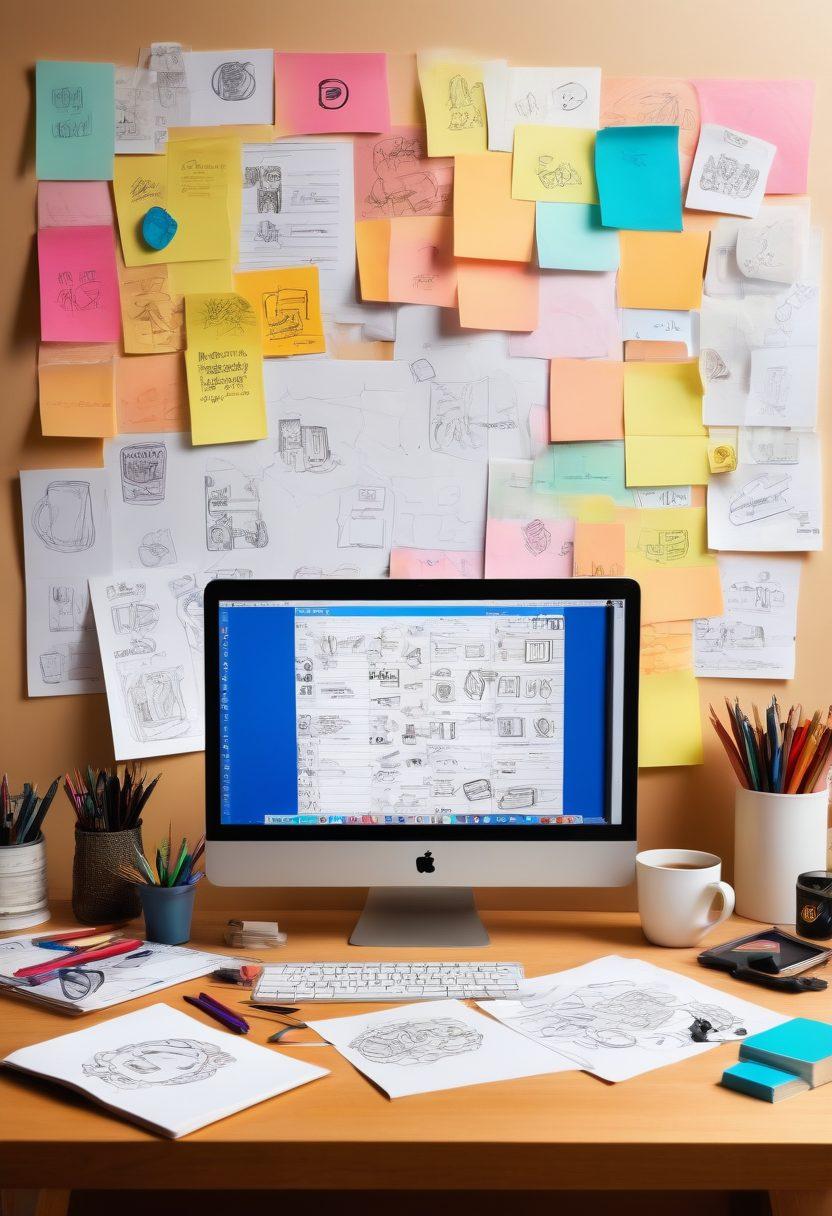 A creative workspace with a computer displaying various logo designs in progress, surrounded by colorful sketches, tools like pencils and markers, and inspirational books on graphic design. Include elements of a brainstorming session with sticky notes and coffee cups. The atmosphere should be vibrant and inviting, inviting a sense of innovation and creativity. super-realistic. vibrant colors. energetic background.